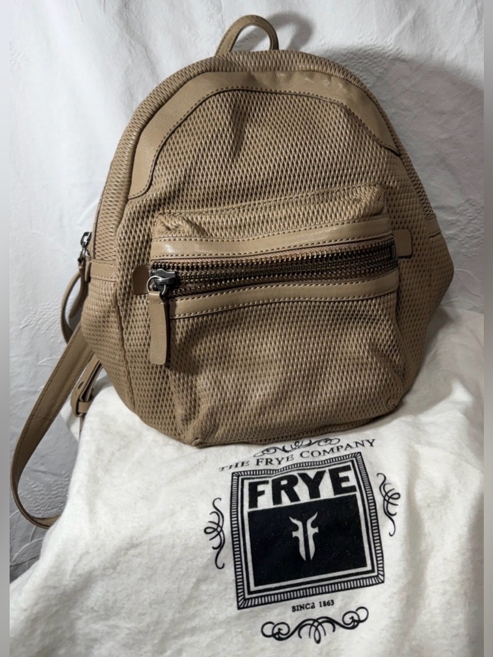 Frye Tan Mesh Mini Backpack with Front Zip Pocket